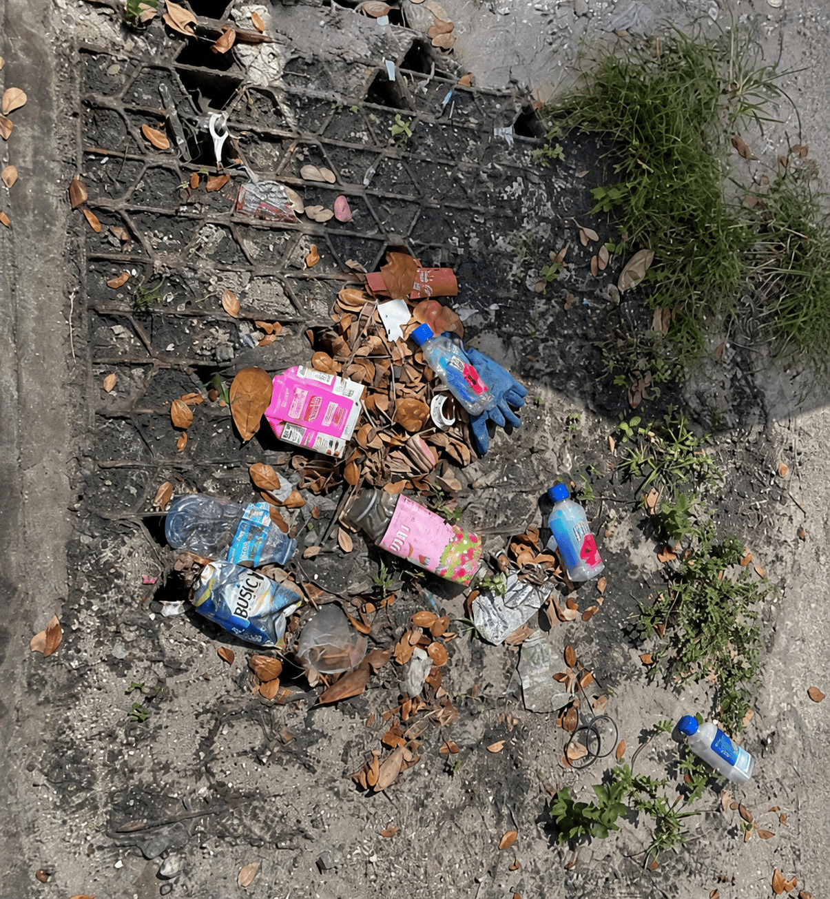 A storm drain blocked by litter and leaves