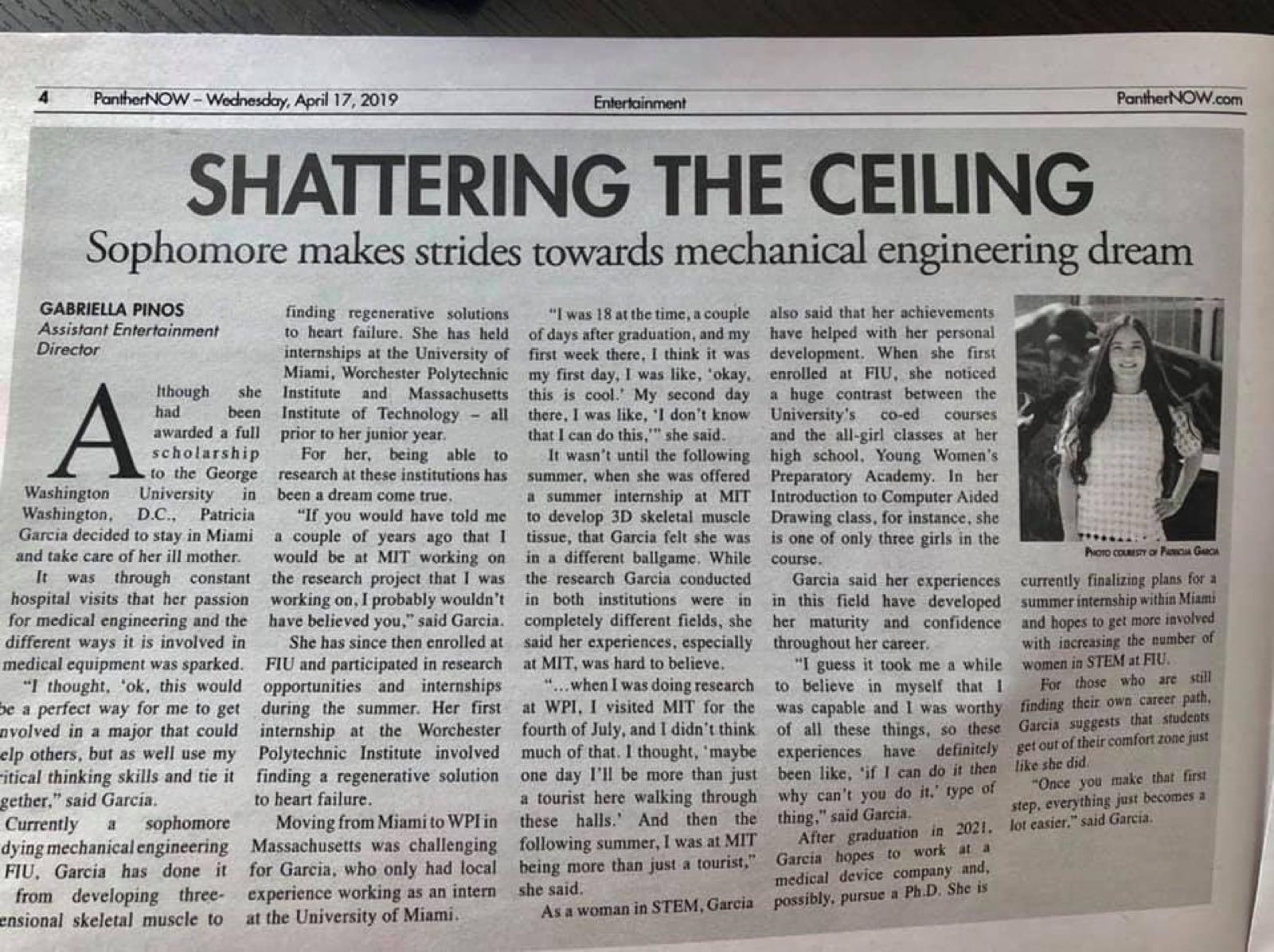 PantherNOW newspaper feature on Patricia's mechanical engineering work at FIU