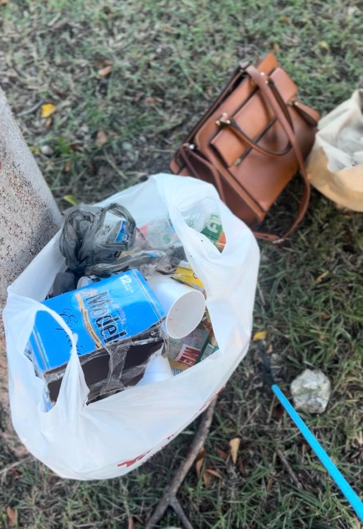 A bag of litter collected next to a discarded handbag